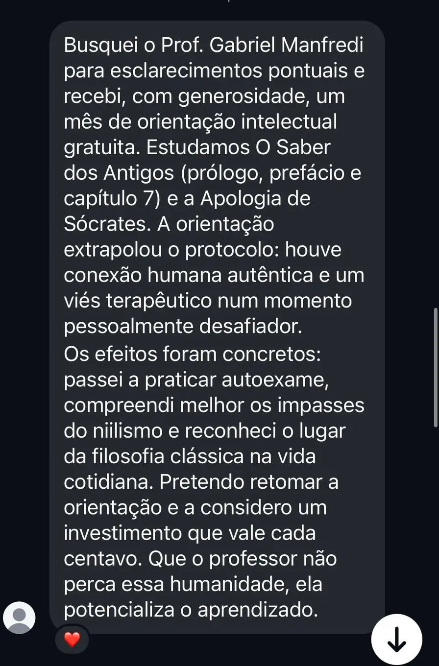 Mensagem de aluno no WhatsApp sobre a orientação do Prof. Manfredi