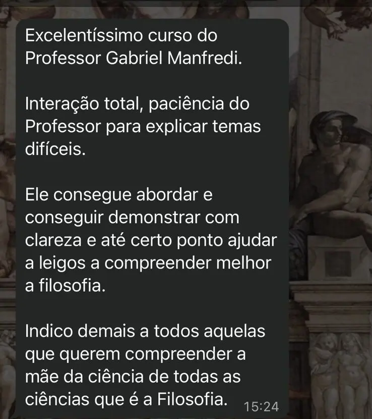 Mensagem de aluno no WhatsApp sobre o curso do Prof. Manfredi