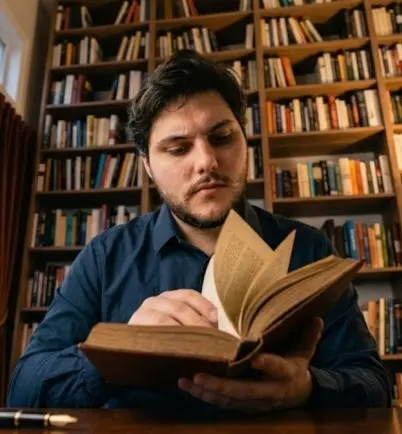 Prof. Manfredi lendo sozinho na biblioteca